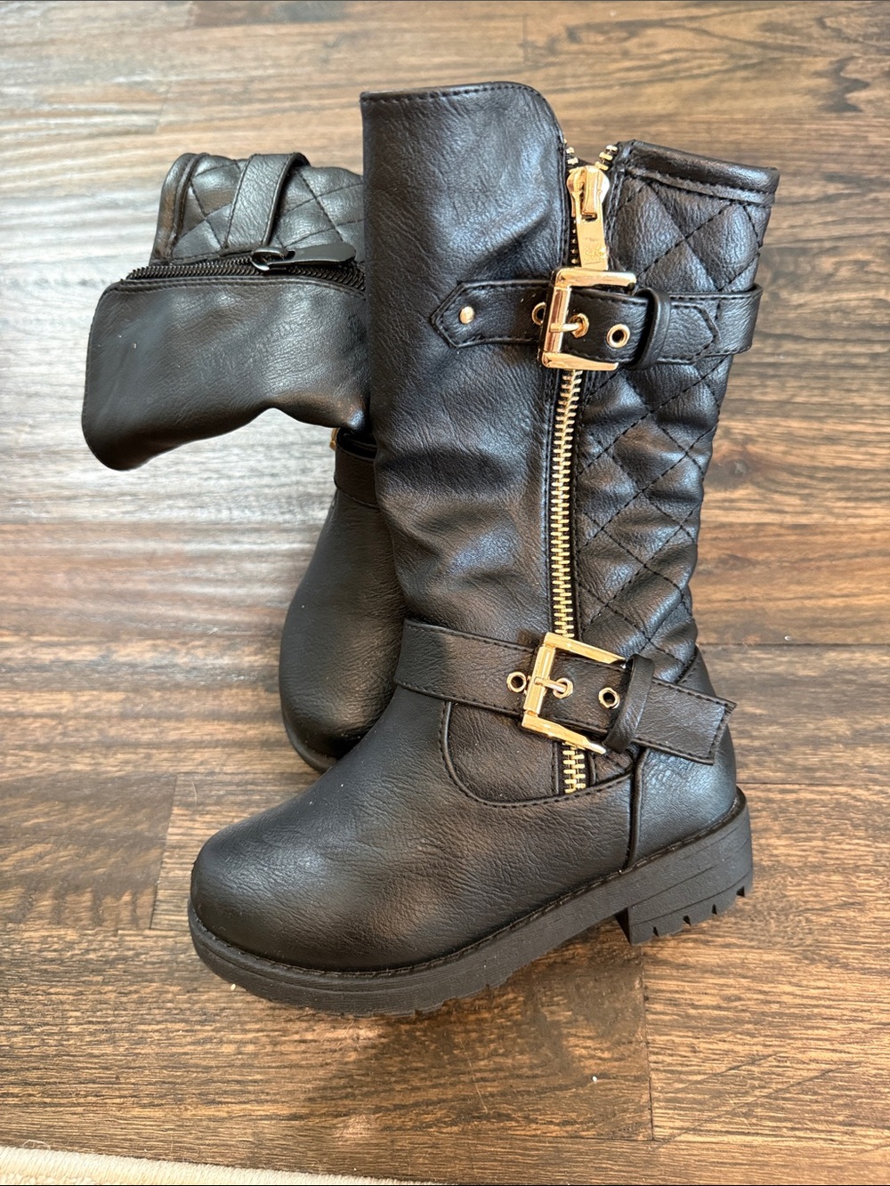 Dream Pairs Black Quilted Kids Boots with Gold Hardware
